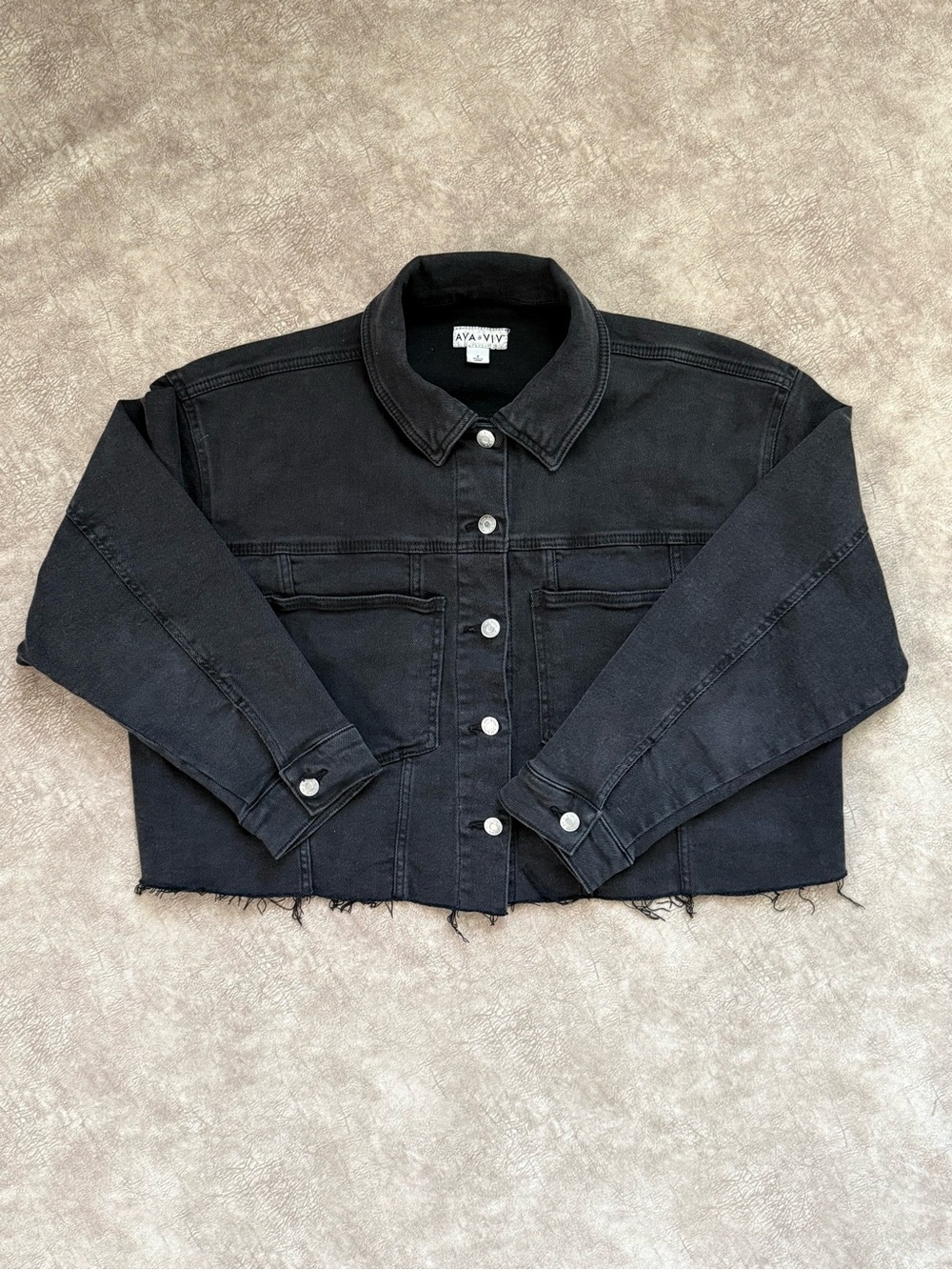 Ava & Viv Black Cropped Denim Jacket Raw Hem Button Front
